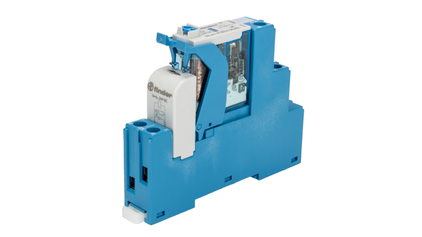 Finder Relè d'interfaccia 4C, bobina 24V cc, contatti SPDT, montaggio su guida DIN, dimensioni 81 x 15.8 x 64.6 mm.