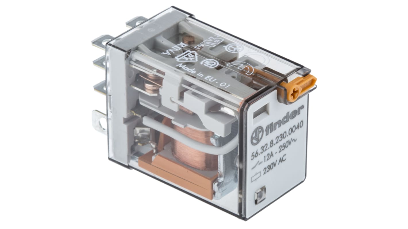 Finder 56.32.8.230.0040, relè DPDT miniaturizzato 230V, corrente 12A, dimensioni 27.7mm x 37.2mm x 20.7mm.