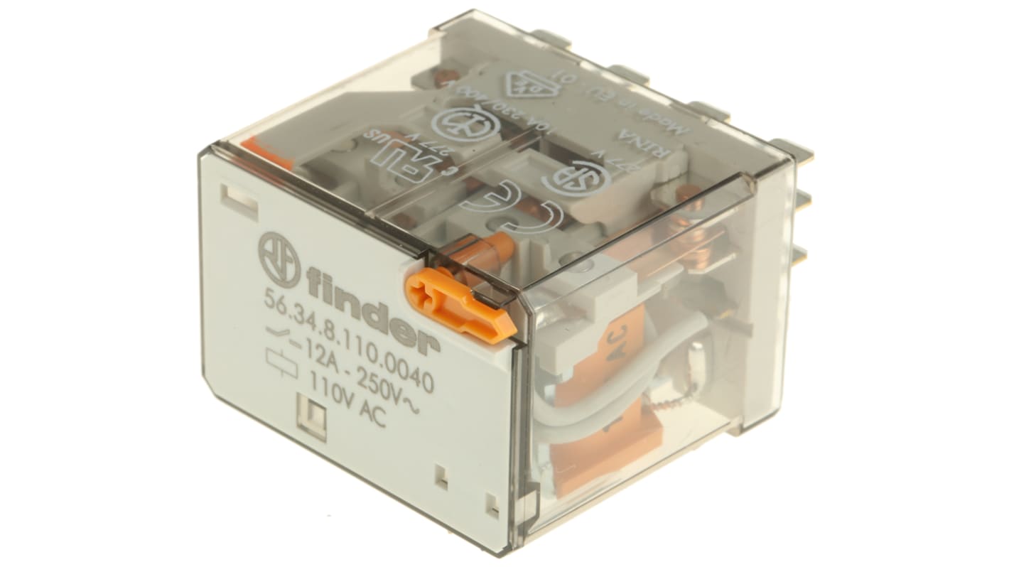 Finder 56.34.8.110.0040, relè di potenza 4PDT, tensione 110V, corrente 12A, dimensioni 37,6x27,7x40,8 mm, montaggio A innesto.