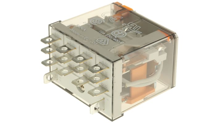 Finder 56.34.8.110.0040, relè di potenza 4PDT, tensione 110V, corrente 12A, dimensioni 37,6x27,7x40,8 mm, montaggio A innesto.