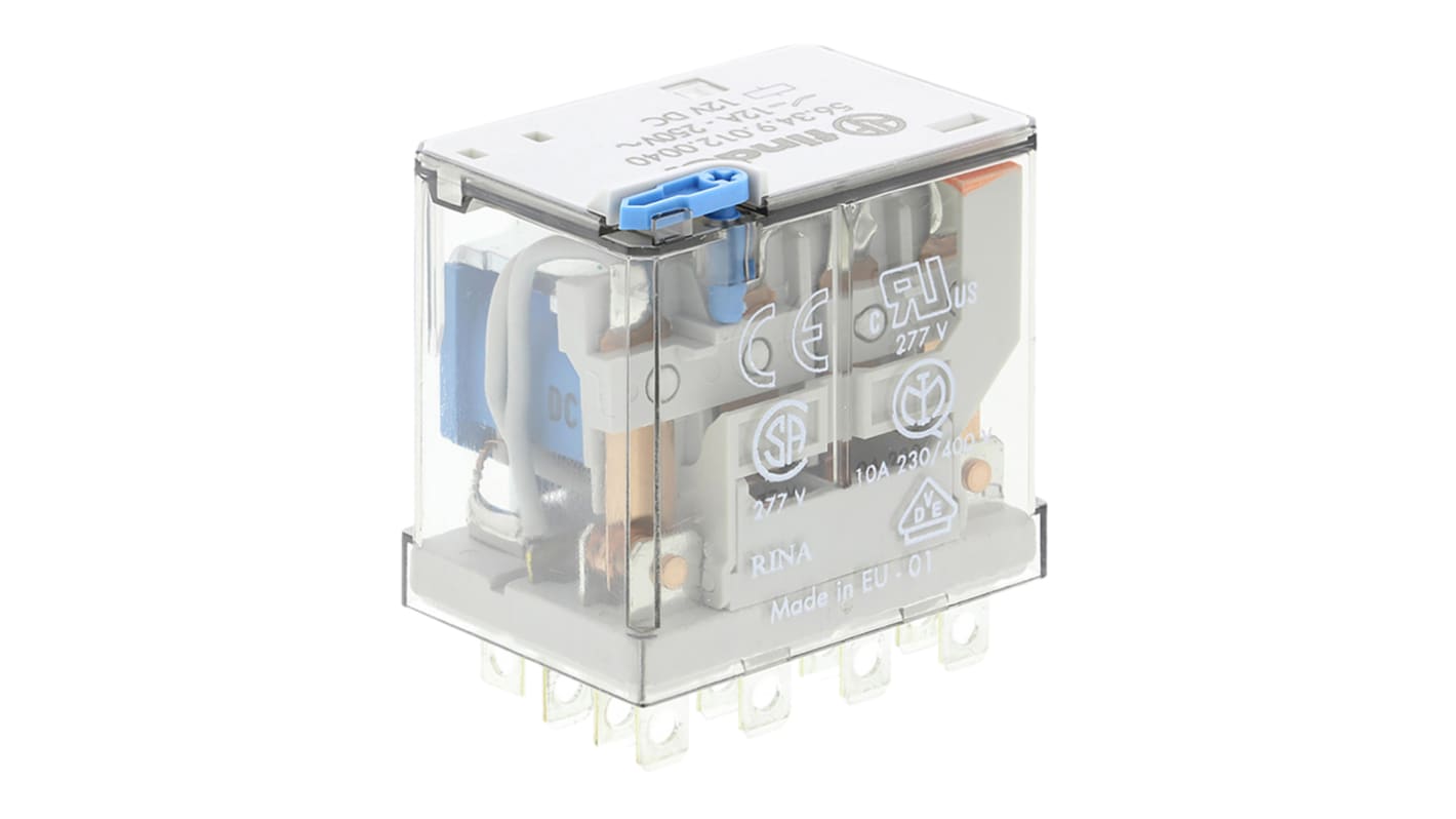 Finder 56.34.9.012.0040, relè di potenza 4PDT, bobina 12V cc, corrente 12A, dimensioni 37,6 x 27,7 x 40,8 mm.