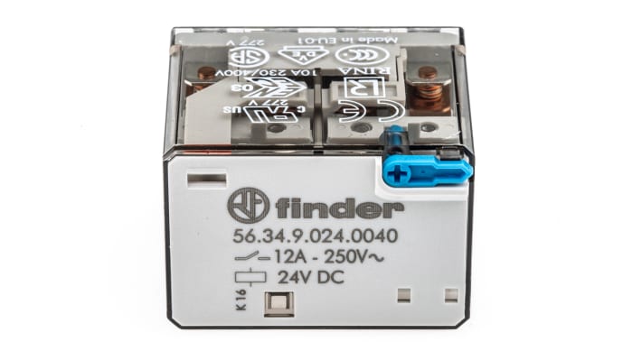 Finder 56.34.9.024.0040, relè di potenza 4PDT, bobina 24V cc, corrente 12A, dimensioni 27.7 x 40.8 x 37.1 mm.
