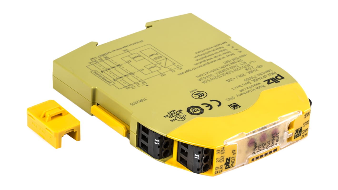 Modulo d'uscita Pilz 750109 PNOZsigma, 24 V c.c., 3 contatti NA, 1 contatto NC, montaggio su guida DIN, dimensioni 96 x 17,5 x 120 mm.