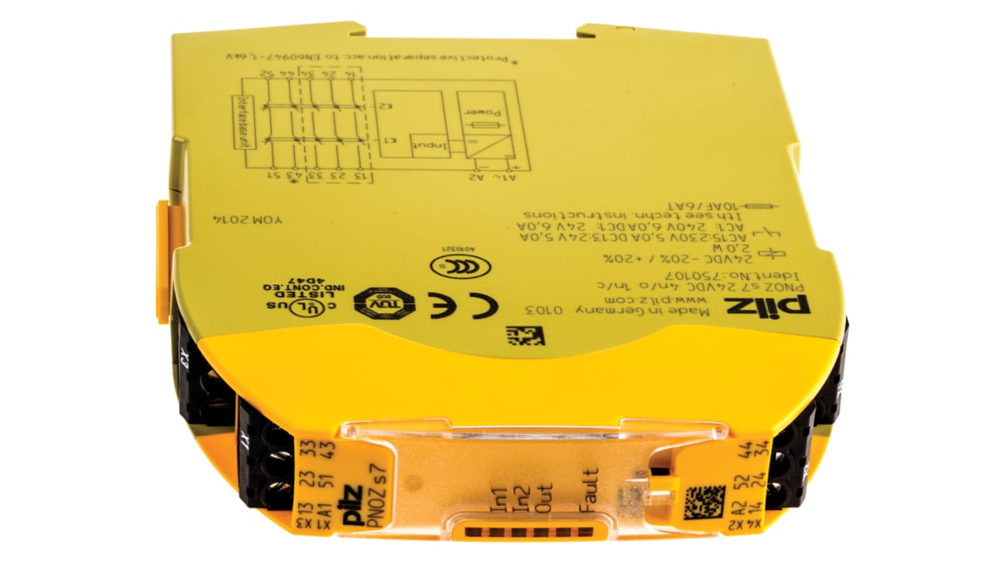 Modulo d'uscita Pilz 750107 PNOZsigma, 4 contatti di sicurezza, alimentazione 24 V c.c., dimensioni 98 x 17,5 x 120 mm.