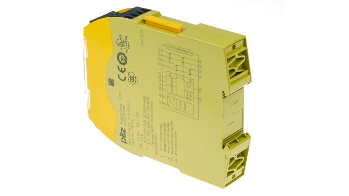 Relè di sicurezza Pilz PNOZ s5, 2 canali, 24V cc, contatti di sicurezza, dimensioni 22.5mm x 120mm x 102mm.