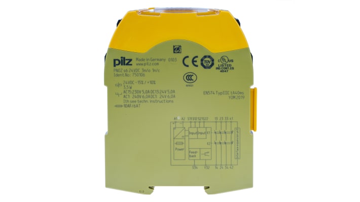 Relè di sicurezza Pilz PNOZ s6, 24V cc, 2 canali, 3 contatti, montaggio su guida DIN, dimensioni 98mm x 22.5mm x 120mm.