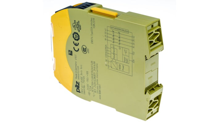 Relè di sicurezza Pilz PNOZ s6.1, 24V cc, 2 canali, 3 contatti, montaggio su guida DIN, dimensioni 98x22.5x120 mm.