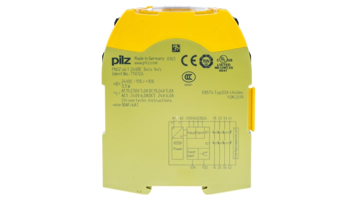 Relè di sicurezza Pilz PNOZ s6.1, 24V cc, 2 canali, 3 contatti, montaggio su guida DIN, dimensioni 98x22.5x120 mm.