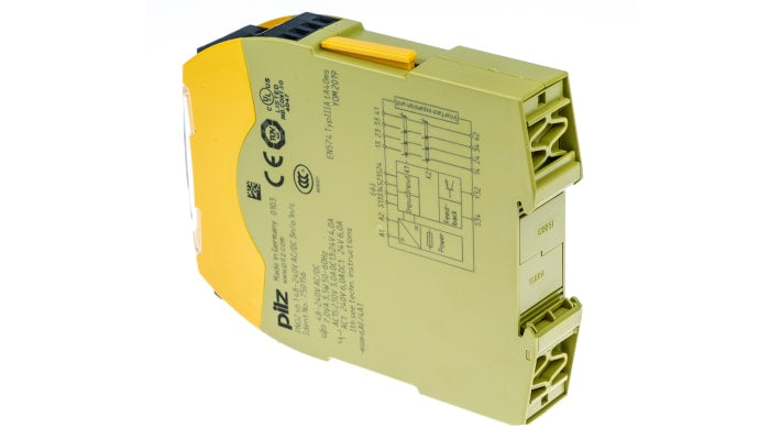 Relè di sicurezza Pilz PNOZ s6.1, 2 canali, 3 contatti di sicurezza, montaggio su guida DIN, dimensioni 22.5mm x 98mm x 120mm.