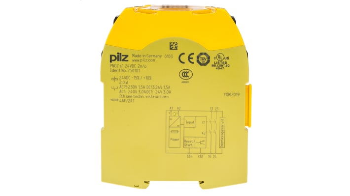 Relè di sicurezza Pilz PNOZ s1, 24V cc, 1 canale, 2 contatti, monitoraggio automatico, dimensioni 12.5mm x 100mm x 120mm.