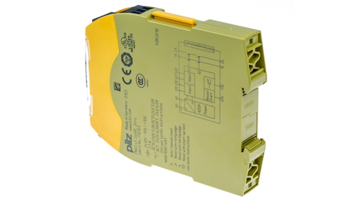 Relè di sicurezza Pilz PNOZ s3, 24V cc, due canali, contatti di sicurezza, dimensioni 17.5x120x102mm.