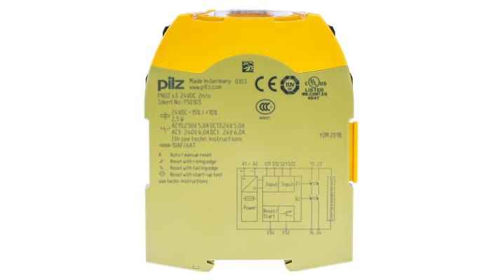 Relè di sicurezza Pilz PNOZ s3, 24V cc, due canali, contatti di sicurezza, dimensioni 17.5x120x102mm.