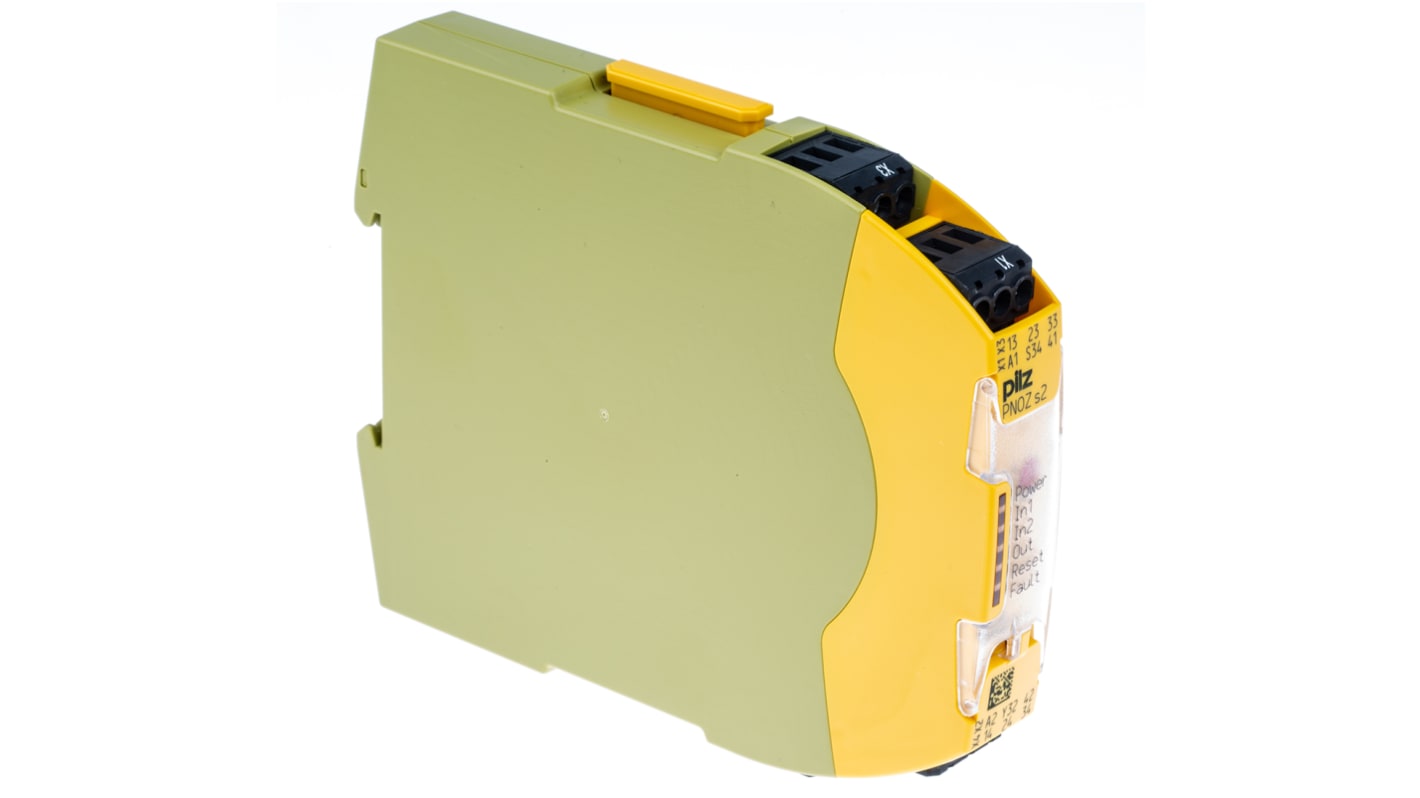 Pilz Relè di sicurezza PNOZ s2, 1 canale, 3 contatti, 24V cc, dimensioni 120x17.5x102mm, categoria di sicurezza livello 4.