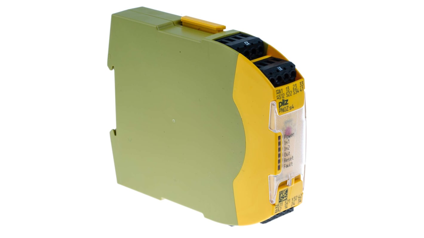 Pilz 750104, relè di sicurezza a 2 canali, 24V cc, 3 contatti, monitoraggio automatico, dimensioni 22.5mm x 120mm x 102mm.