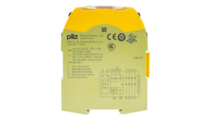 Relè di sicurezza Pilz PNOZ s4, 2 canali, 48-240V, 3 contatti, monitoraggio automatico, dimensioni 22.5x120x102mm.