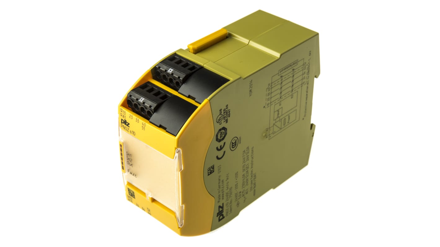 Modulo d'uscita Pilz 750110 PNOZsigma, 24 V c.c., 5 uscite, montaggio su guida DIN, dimensioni 98 x 45 x 120 mm.