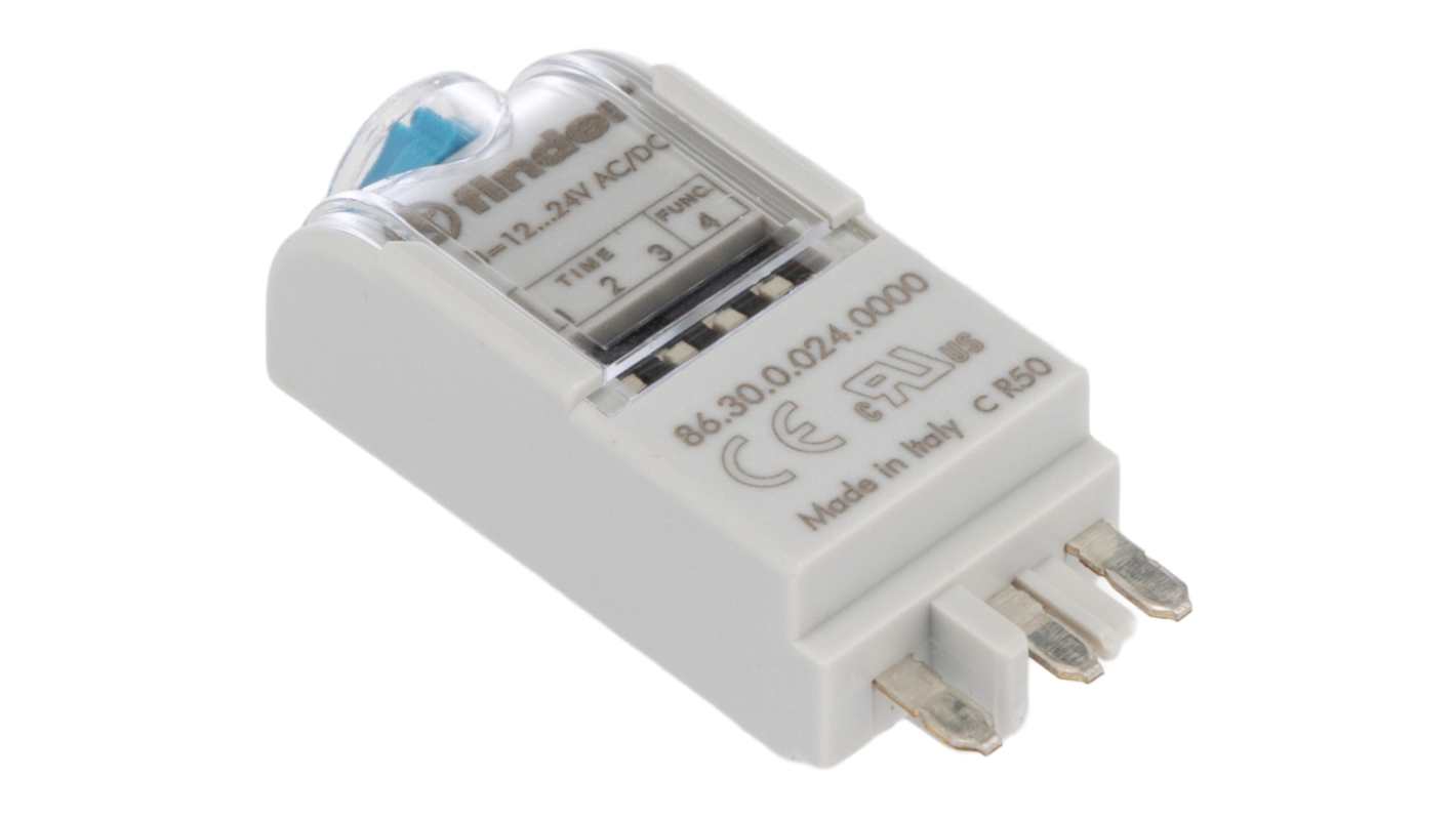 Modulo timer Finder 86.30.0.024.0000, relè temporizzato a stato solido, 24VAC/CC, temporizzazione 0,05s-100h, montaggio a innesto.