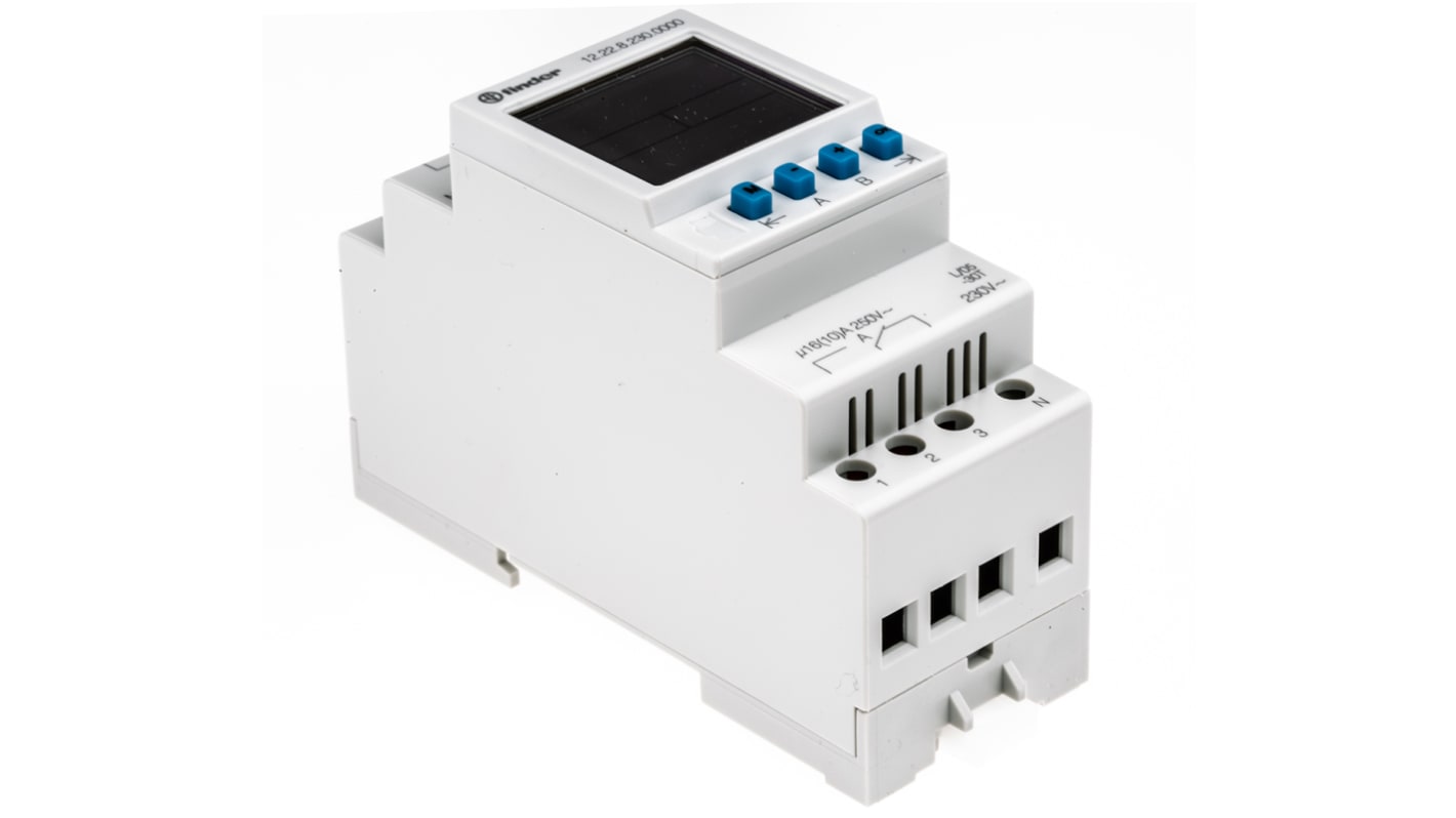Finder 12.22.8.230.0000, temporizzatore digitale per guida DIN, DPDT, 230 V, 2 canali, altezza 90 mm, durata batteria 6 anni.