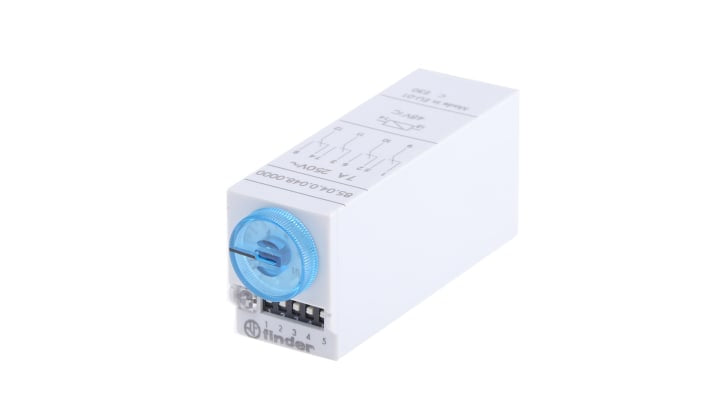 Finder Timer Relay 85.04.0.048.0000, 4 poli 4PDT, montaggio a innesto, intervallo 0.05-100s, 48V, 7A, dimensioni 63.1x20.6x27.7mm.