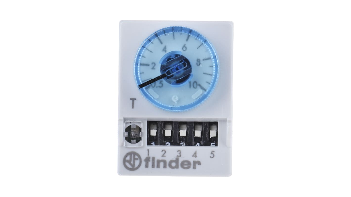 Finder Timer Relay 85.04.0.012.0000, 4 poli 4PDT, montaggio a innesto, intervallo 0.05-100s, 12V, 7A, LED indicatori.