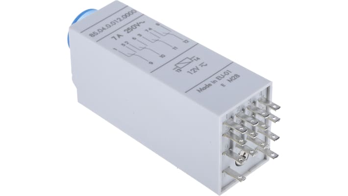 Finder Timer Relay 85.04.0.012.0000, 4 poli 4PDT, montaggio a innesto, intervallo 0.05-100s, 12V, 7A, LED indicatori.