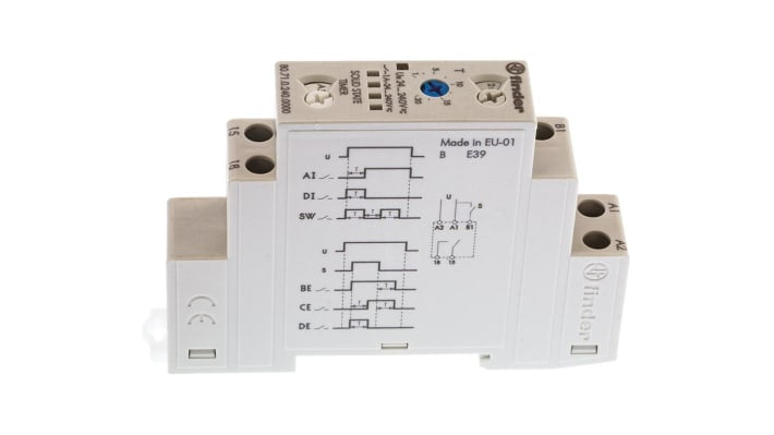 Finder, relè timer multifunzione SPST per guida DIN, intervallo 0,1s-24h, 1A, 24-240V AC/DC, larghezza 17,5 mm.