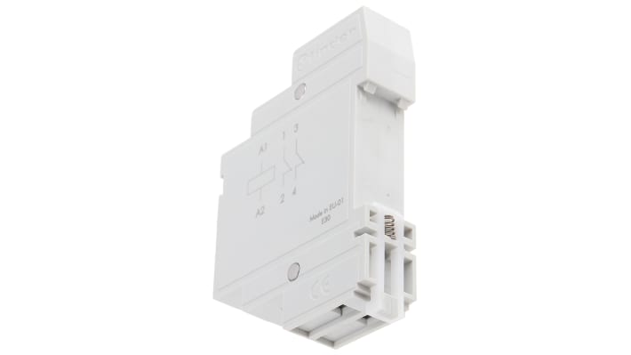 Finder 22.24.8.230.4000, relè DPST 230V, montaggio su guida DIN, corrente 20A, dimensioni 17,5x58,4 mm.