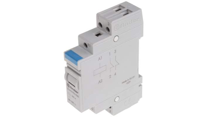 Finder 22.24.9.024.4000, relè di potenza DIN 24V cc, 2NC, 20A, dimensioni 58.4x17.5mm, grado di protezione IP20.
