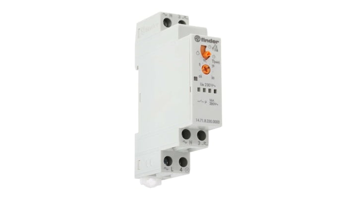 Finder 14.71.8.230.0000, temporizzatore luce scala unipolare, 230 V, ritardo 30-20 min, dimensioni 88.8 mm x 63.8 mm.