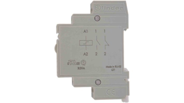 Finder 20.21.9.024.0000, relè di potenza SPST 24V cc, montaggio su guida DIN, corrente 16A, profondità 58.4 mm, grado di protezione IP20.
