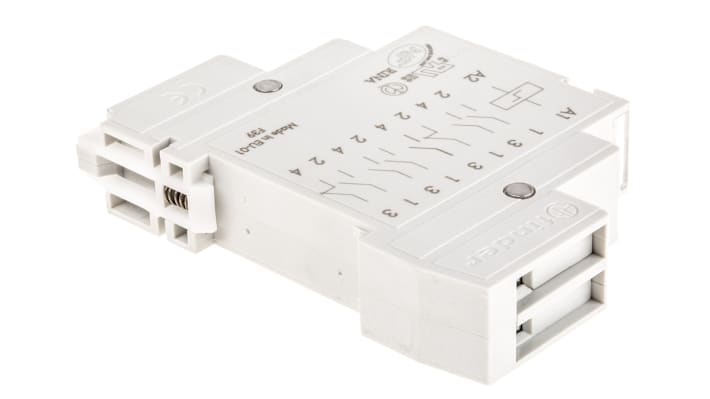 Finder 20.28.8.230.0000, relè DPST 230V, montaggio su guida DIN, corrente 16 A, dimensioni 58,4 x 17,5 mm.