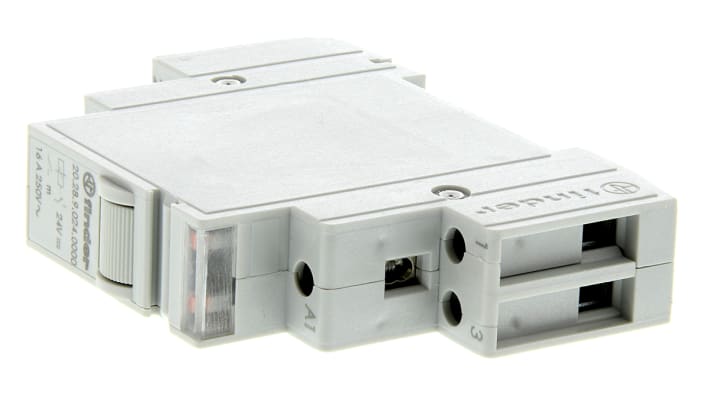 Finder 20.28.9.024.0000, relè DPST 24V cc, montaggio su guida DIN, corrente 16 A, profondità 58,4 mm, grado di protezione IP20.