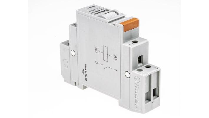 Finder 22.21.8.230.4000, relè monostabile SPST per guida DIN, 230V, 20A, dimensioni 17,5 mm x 58,4 mm, grado di protezione IP20.