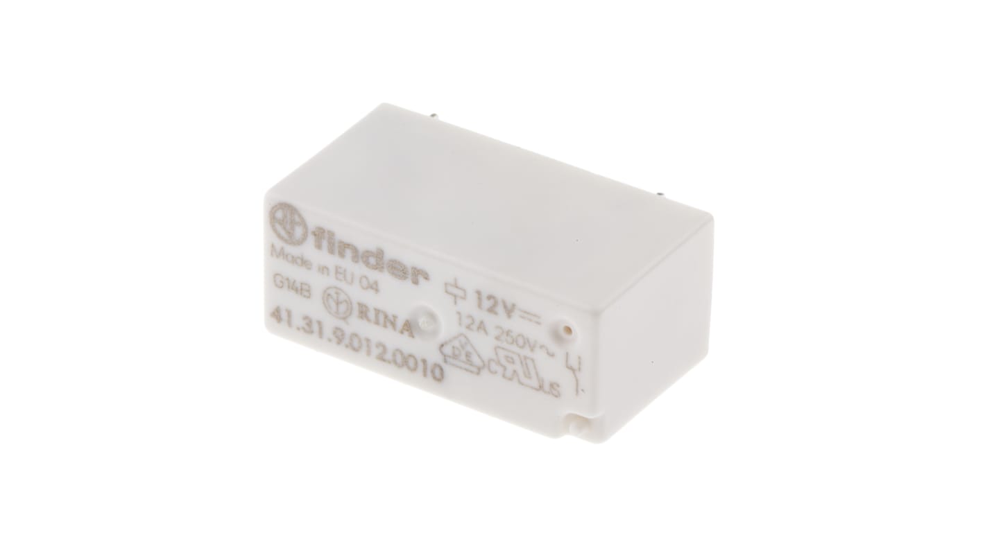 Finder 41.31.9.012.0010, relè di potenza SPDT per montaggio su PCB, 12V cc, 12A, dimensioni 15,7 x 12,5 x 29 mm.