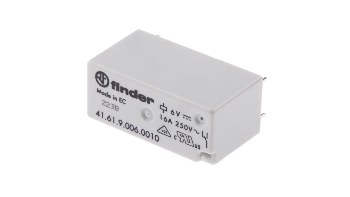 Finder 41.61.9.006.0010, relè di potenza SPDT per montaggio su PCB, 6V cc, 16A, dimensioni 15,7 x 12,5 x 29 mm.