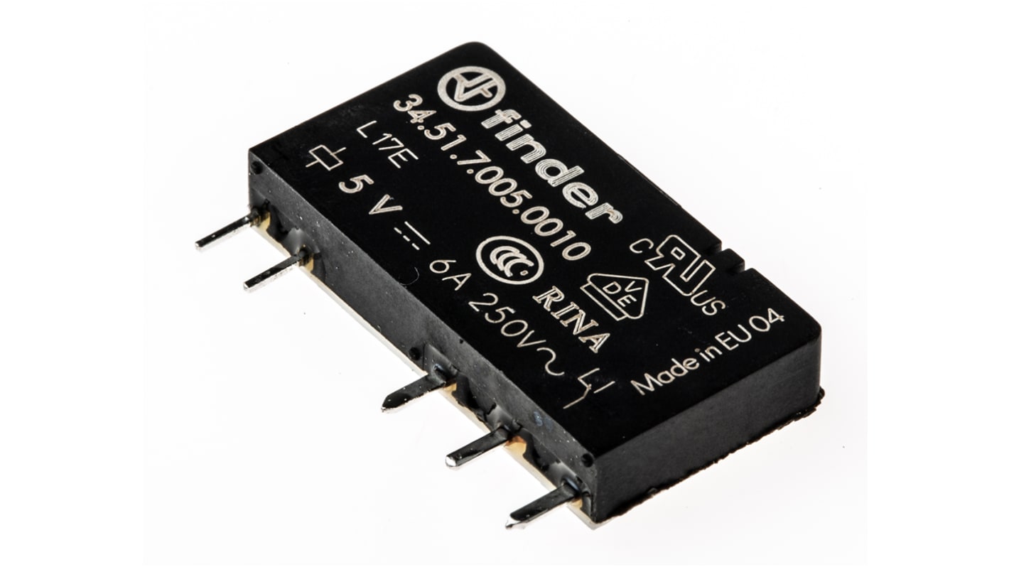 Finder 34.51.7.005.0010, relè di potenza ultrasottile SPDT, bobina 5V cc, dimensioni 28mm x 5mm x 15mm, montaggio su PCB.