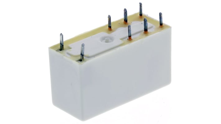 Finder 41.52.9.012.0010, relè DPDT 12V cc per montaggio su PCB, corrente 8A, dimensioni 15,7 x 12,5 x 29 mm.