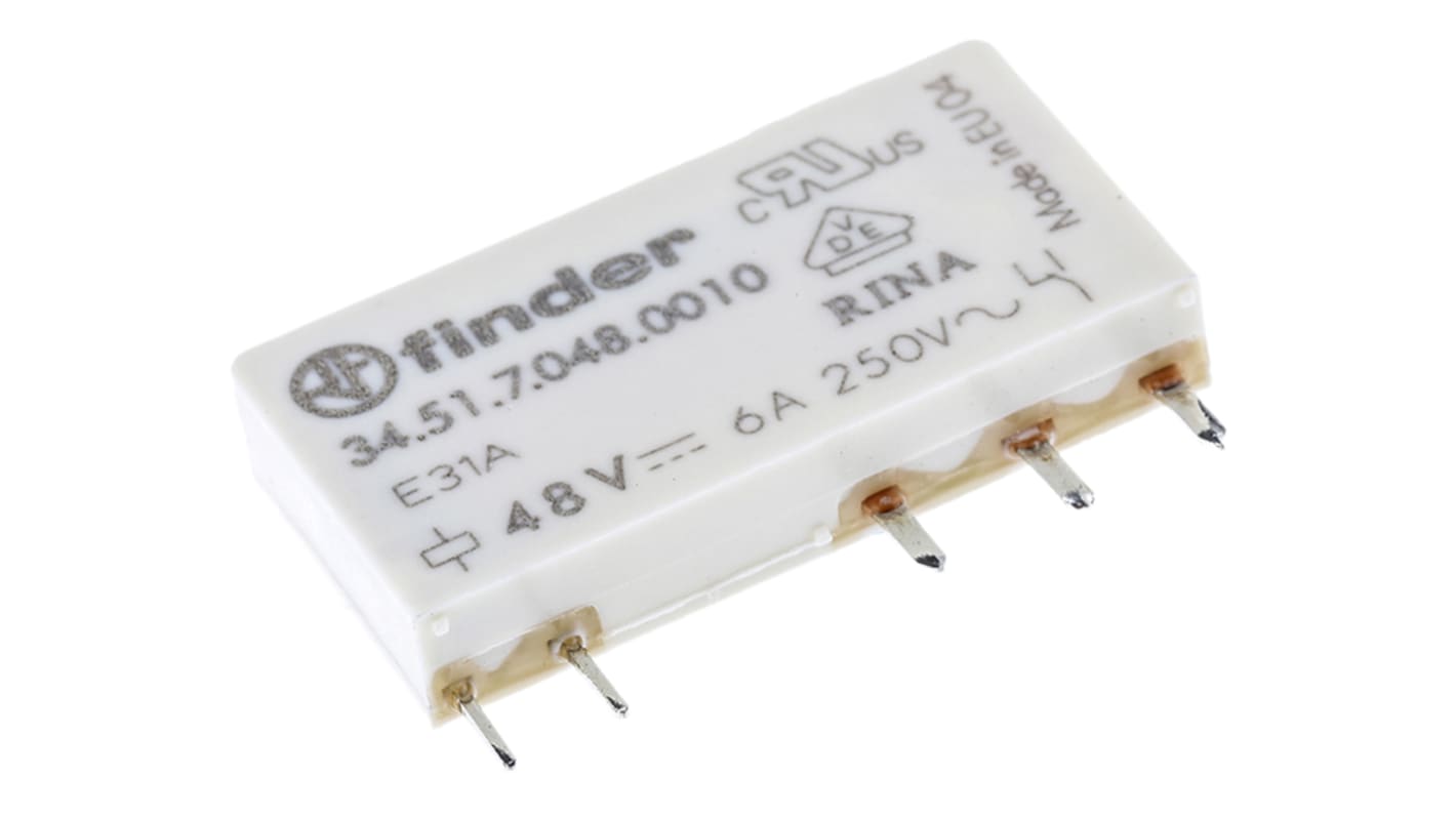 Finder 34.51.7.048.0010, relè di potenza SPDT per montaggio su PCB, bobina 48V cc, dimensioni 28x15x5 mm, corrente 6A.