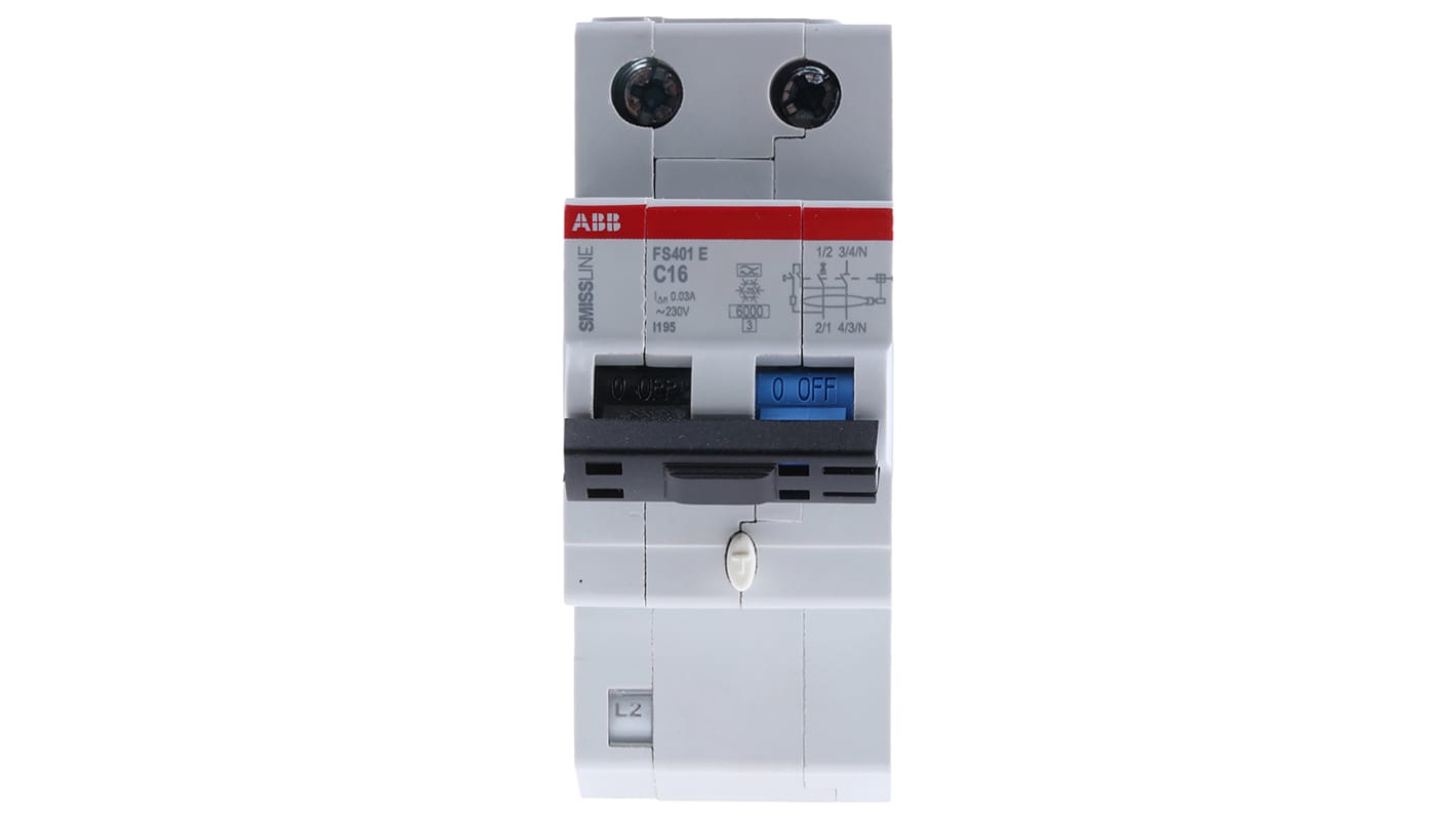 Interruttore differenziale ABB FS401, 1P+N, 16A, 30mA, montaggio su guida DIN, tensione 230V, cablaggio integrato.