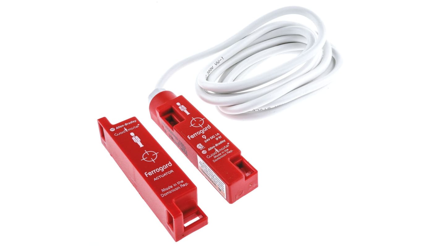 Interruttore di sicurezza senza contatto Allen Bradley 440N-G02044, 24V cc, grado di protezione IP67, dimensioni 84 x 19 x 16 mm.