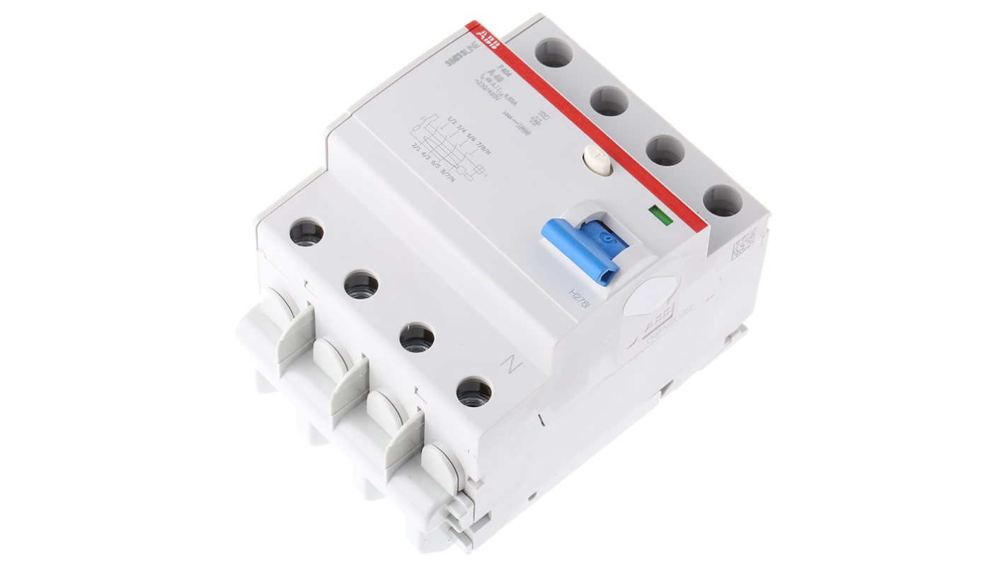 Interruttore automatico FI ABB 3P+N, 40A, 30mA, montaggio SmiSSline TP, tensione 400V, cablaggio integrato.