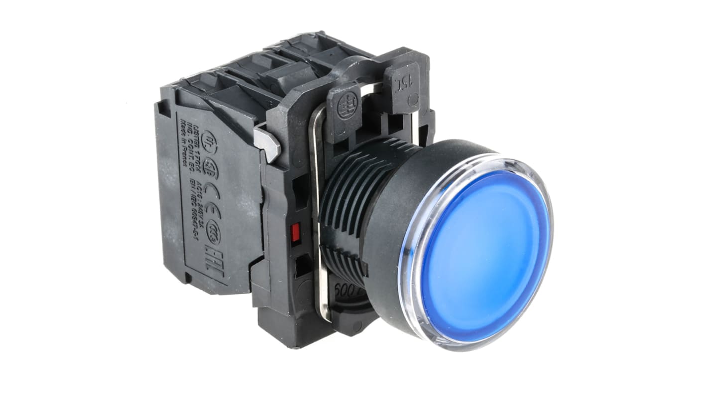 Pulsante SPDT blu illuminato Schneider Electric, montaggio a pannello, diametro 22 mm, grado di protezione IP66/IP67/IP69K.