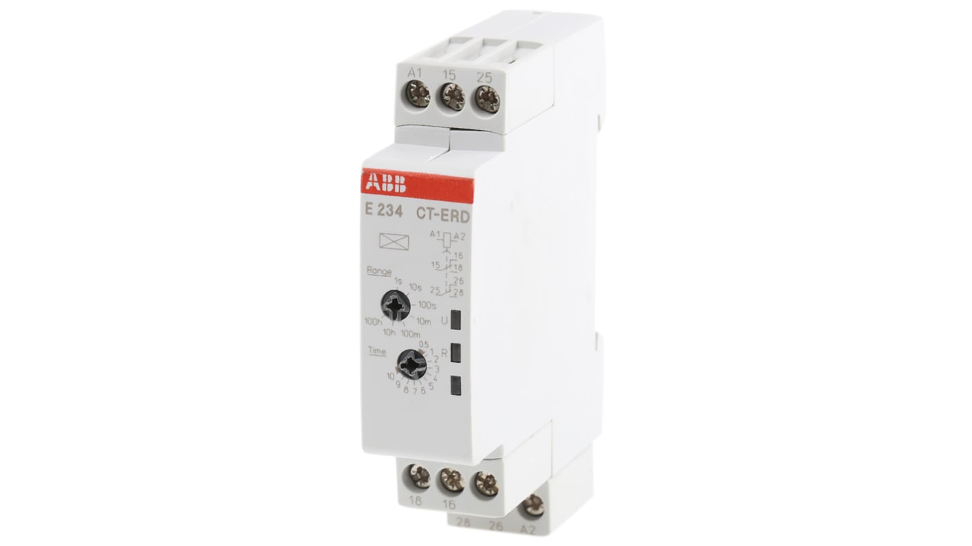 ABB Timer Relay DPDT per guida DIN, intervallo di temporizzazione 0.05 s a 100 h, contatti fino a 6 A, dimensioni 22.5 mm x 78 mm x 100 mm.