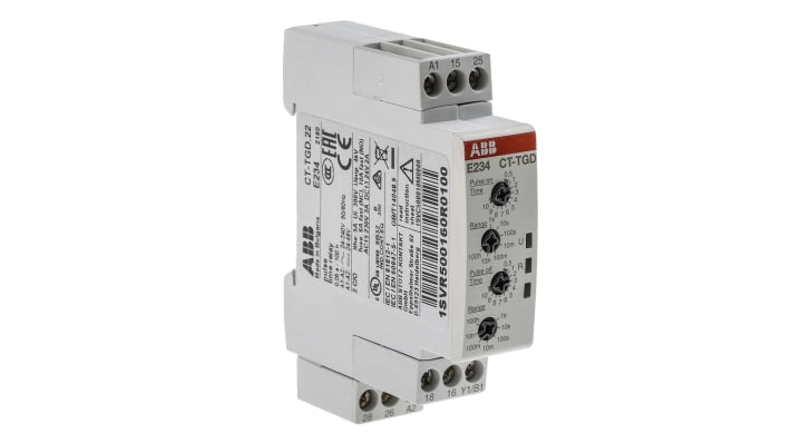 ABB Timer Relay DPDT per guida DIN, intervallo di temporizzazione 0.05 s a 100 h, tensione 24-240 V AC, 8 A, dimensioni 22.5 x 100 x 78 mm.