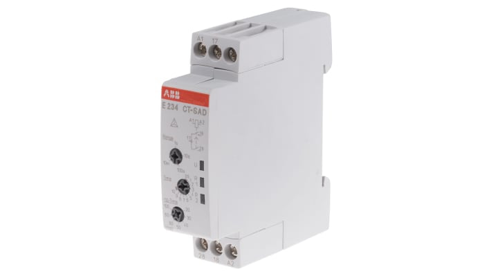 ABB Timer Relay DPST per guida DIN, intervallo di temporizzazione 0.05 s a 10 min, tensione 24-240 V AC, 8 A, dimensioni 22.5 x 78 x 100 mm.