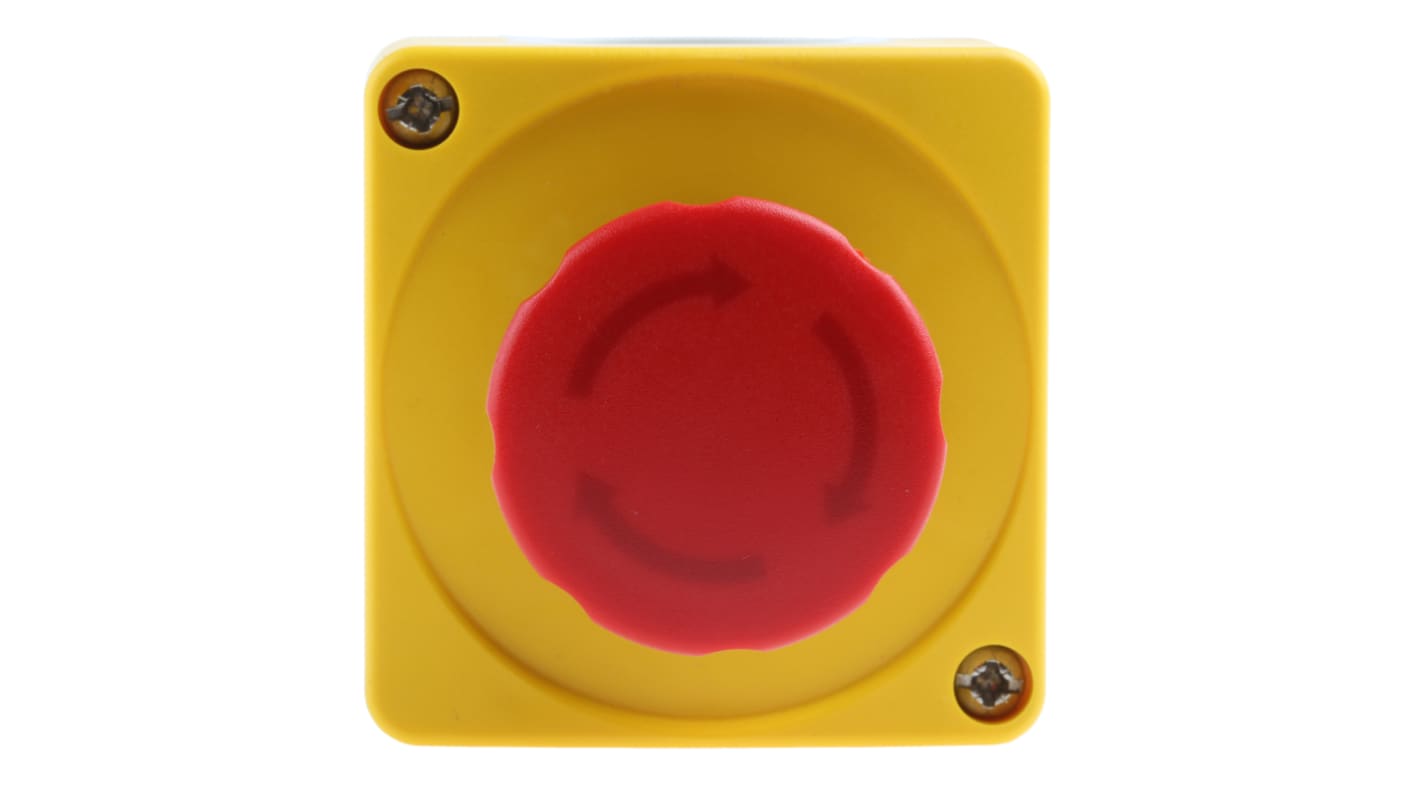 Pulsante di arresto di emergenza ABB CEPY1-1001, montaggio superficiale, rosso con custodia gialla, protezione IP66/IP67/IP69K.