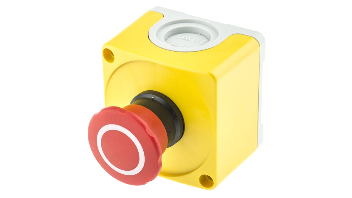 ABB CEPY1-1002, pulsante di arresto di emergenza giallo/rosso, montaggio superficiale, grado di protezione IP67/IP69K, dimensioni 101 x 74,4 x 60,5 mm.