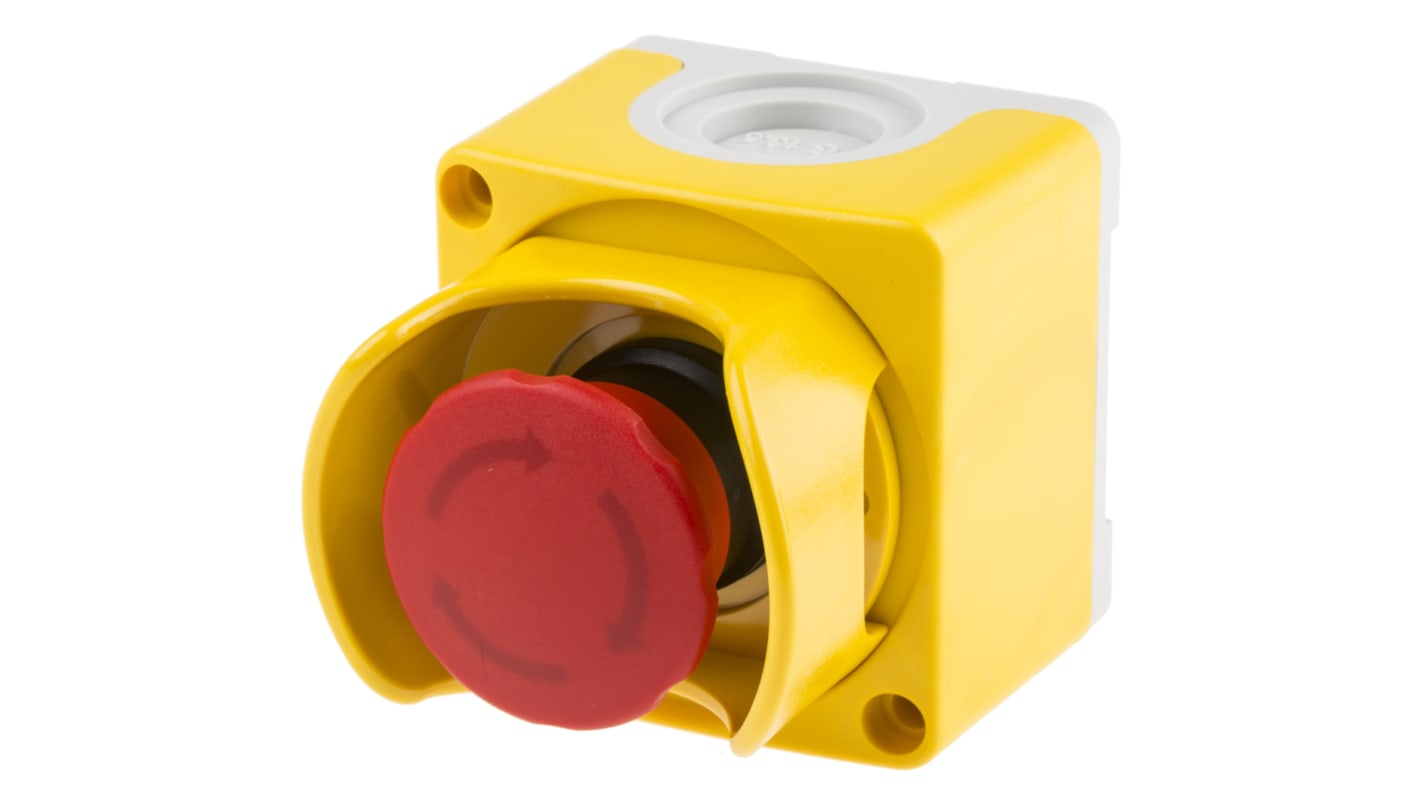 Pulsante di arresto di emergenza ABB CEPY1-2001, montaggio superficiale, rosso e giallo, grado di protezione IP67/IP69K, dimensioni 78 x 65 x 65 mm.