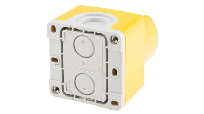 Pulsante di arresto di emergenza ABB CEPY1-2001, montaggio superficiale, rosso e giallo, grado di protezione IP67/IP69K, dimensioni 78 x 65 x 65 mm.