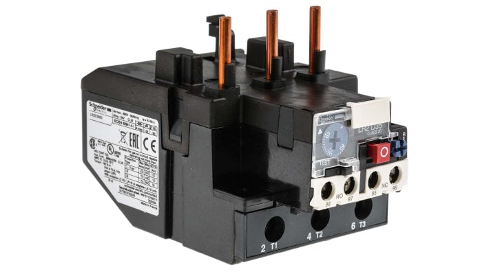 Relè di sovraccarico termico Schneider Electric LR2D3563, 3 poli, 80 A, montaggio su guida DIN, dimensioni 75x100x121 mm.